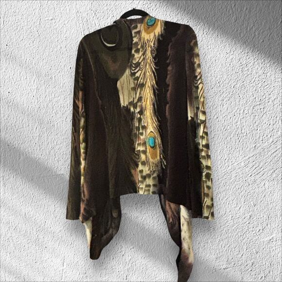 Adore Open Front Waterfall Cardigan L Peacock Feathers Artsy Dynamic Drapey - Picture 10 of 12